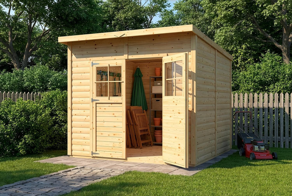 Cobertizo Alpholz Alster 251x254cm acabado natural con 19mm de grosor de pared y techo inclinado, incluye suelo