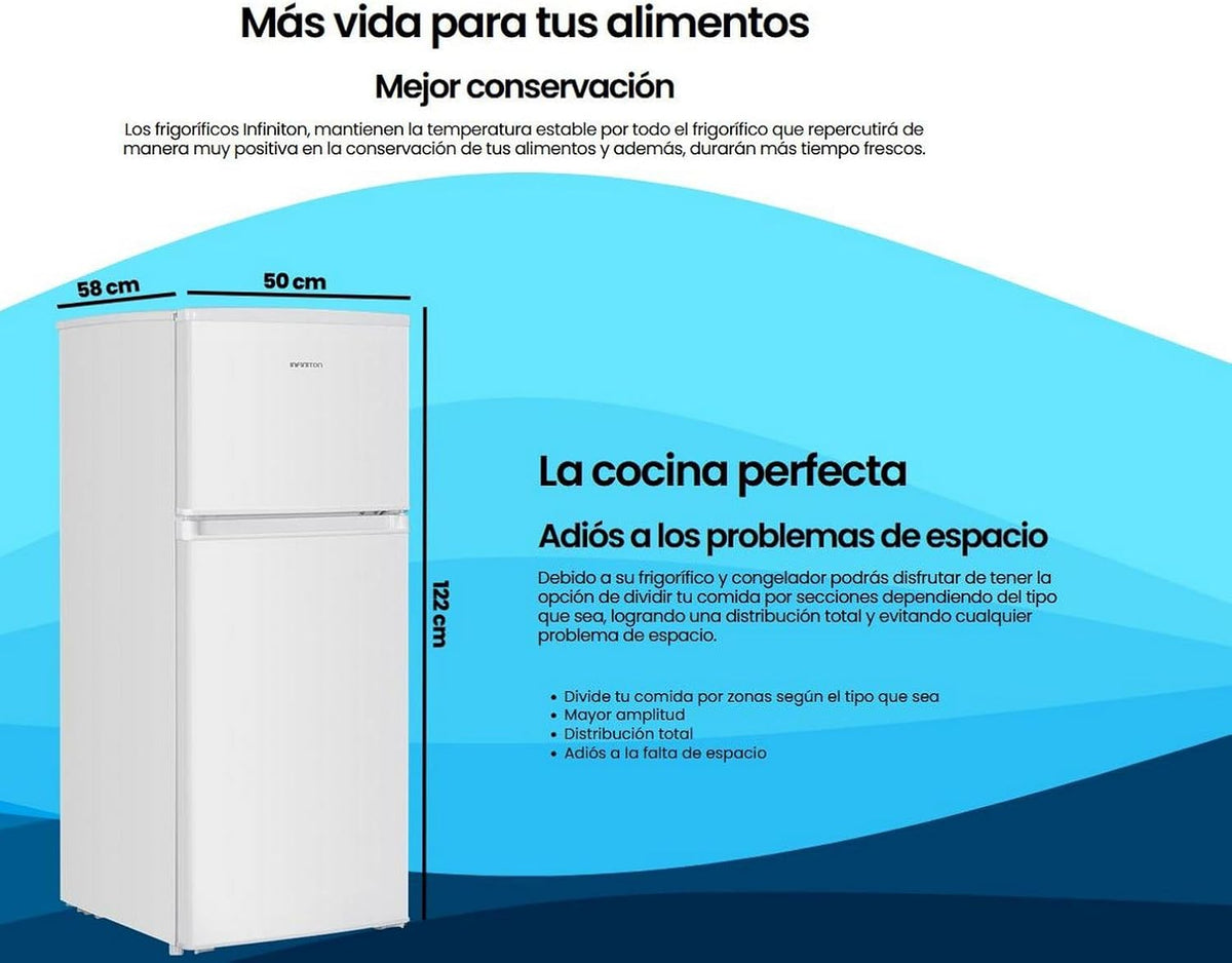 Frigorífico de dos puertas Infiniton FG-151D12BEV, 151 litros, 122 cm de altura, 50 cm de ancho, cíclico, luz LED interior, altura regulable, clase E, blanco