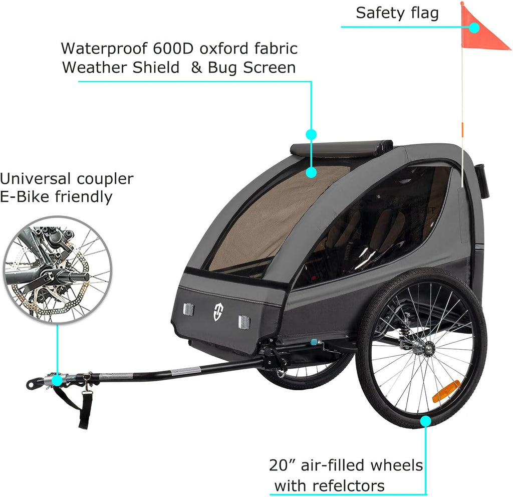 Remolque para niños Tiggo con rotación de 360°, suspensión, set 2 en 1 (remolque de bicicleta y cochecito/jogger), arnés de 5 puntos, para 1 o 2 niños, máx. 40 kg