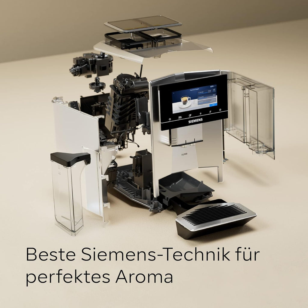 Cafetera superautomática Siemens EQ900 TQ903D03, control por app, pantalla táctil intuitiva, modo barista, AromaBoost, reducción de ruido, molinillo premium, limpieza automática con vapor, 1500 W, acero inoxidable