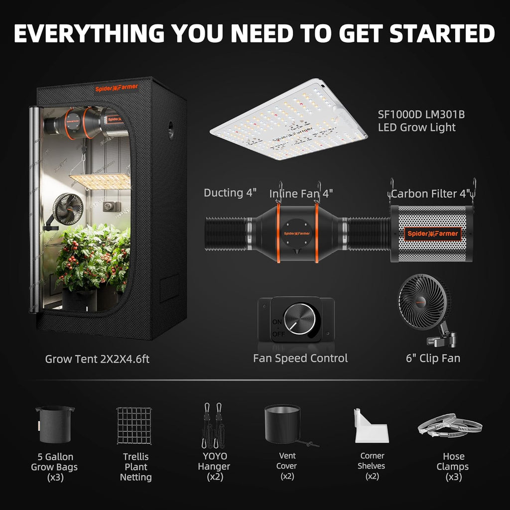 Kit completo de cultivo Spider Farmer SF1000D, lámpara LED de cultivo de espectro completo con LEDs Samsung LM301B, kit de tienda de cultivo de 60x60x140 cm, sistema de ventilación para hidroponía 1680D
