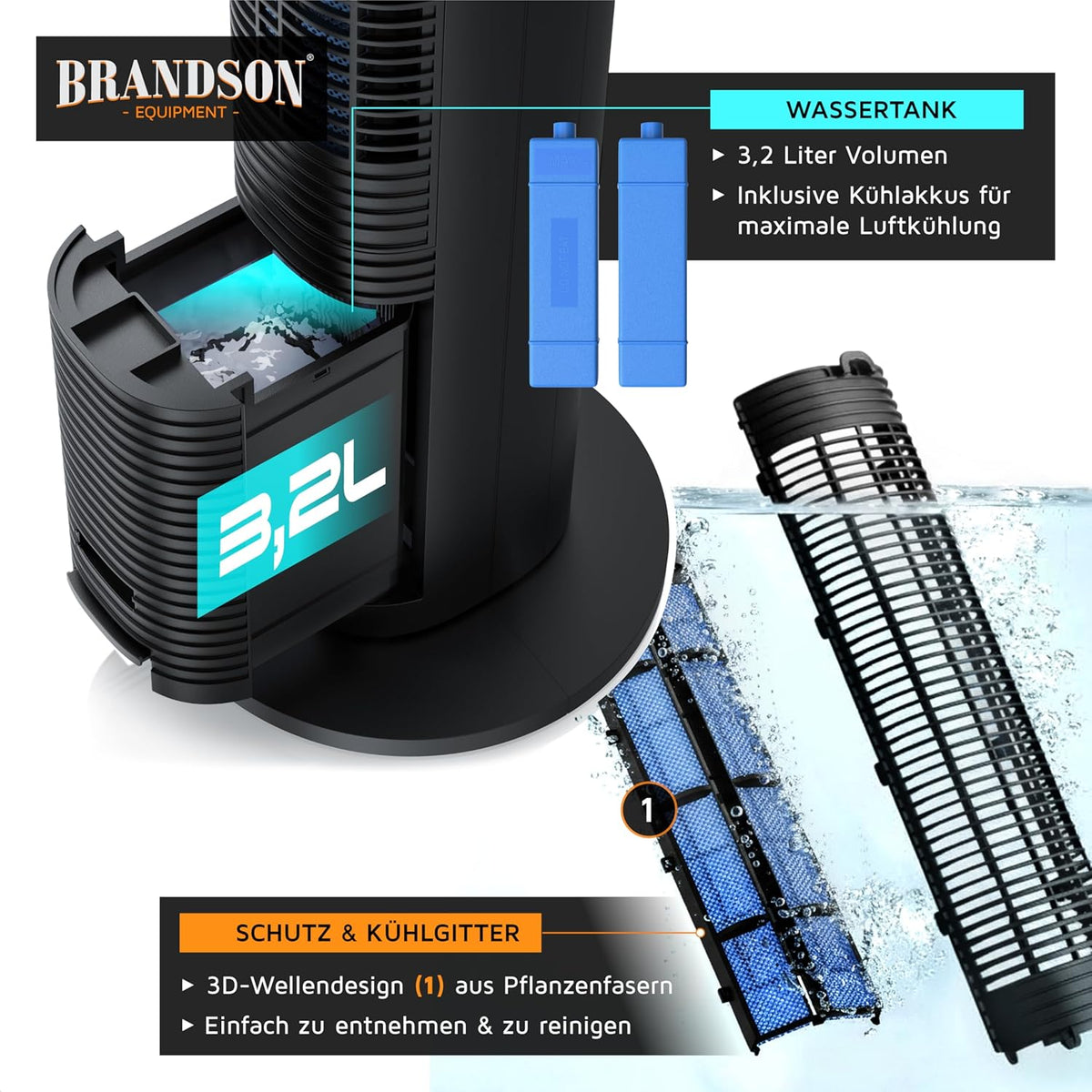 Brandson – enfriador de aire portátil con refrigeración por agua y diseño ECO - Motor CC muy silencioso - 60% de ahorro energético - Ganador en ventiladores y enfriadores de aire 2026 - Ventilador de torre – Oscilación – Función de iones