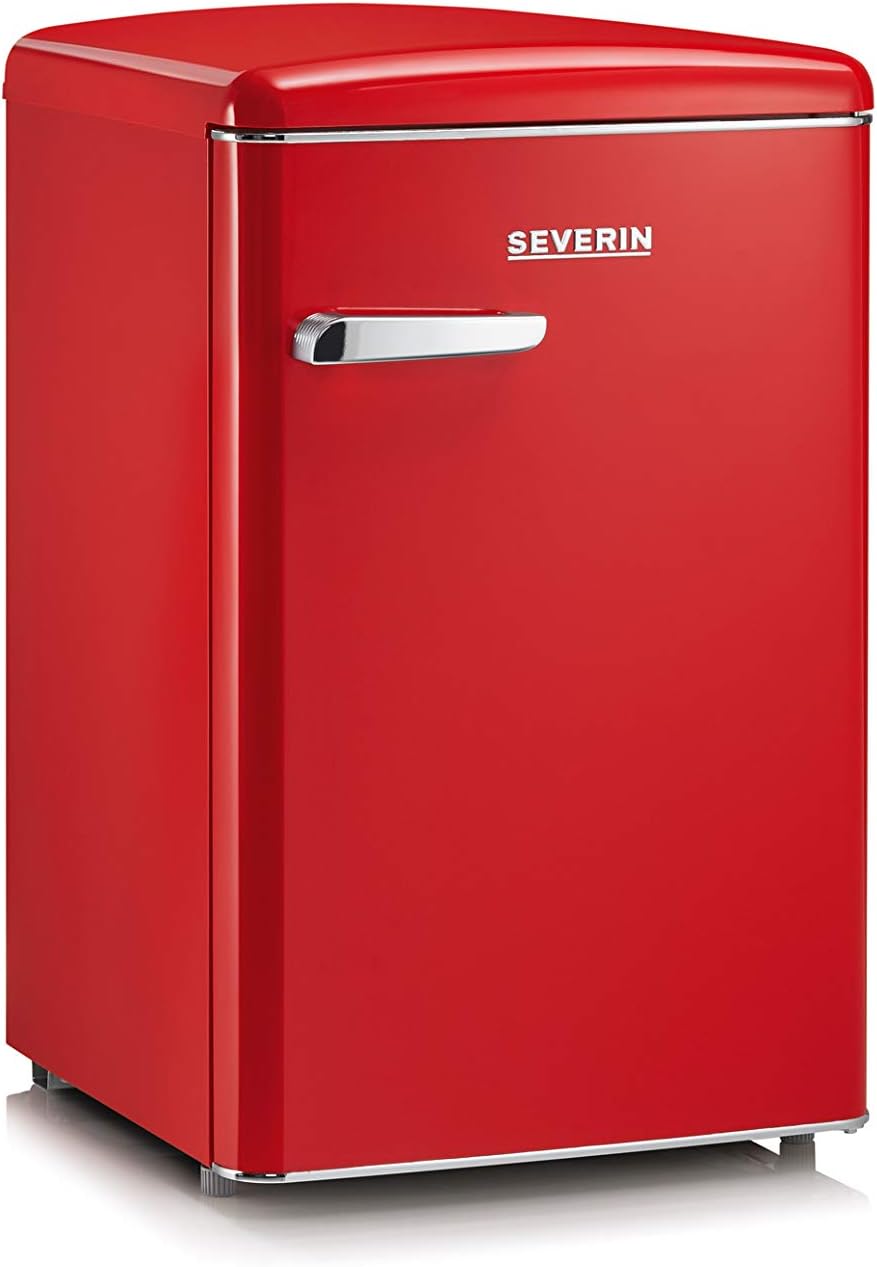 Mini refrigerador retro SEVERIN, incluye opción de refrigeración que ahorra espacio, 2 estantes ajustables en altura, compartimento congelador integrado, extremadamente silencioso - 37 dB, 108 L de capacidad útil, rojo, RKS 8830