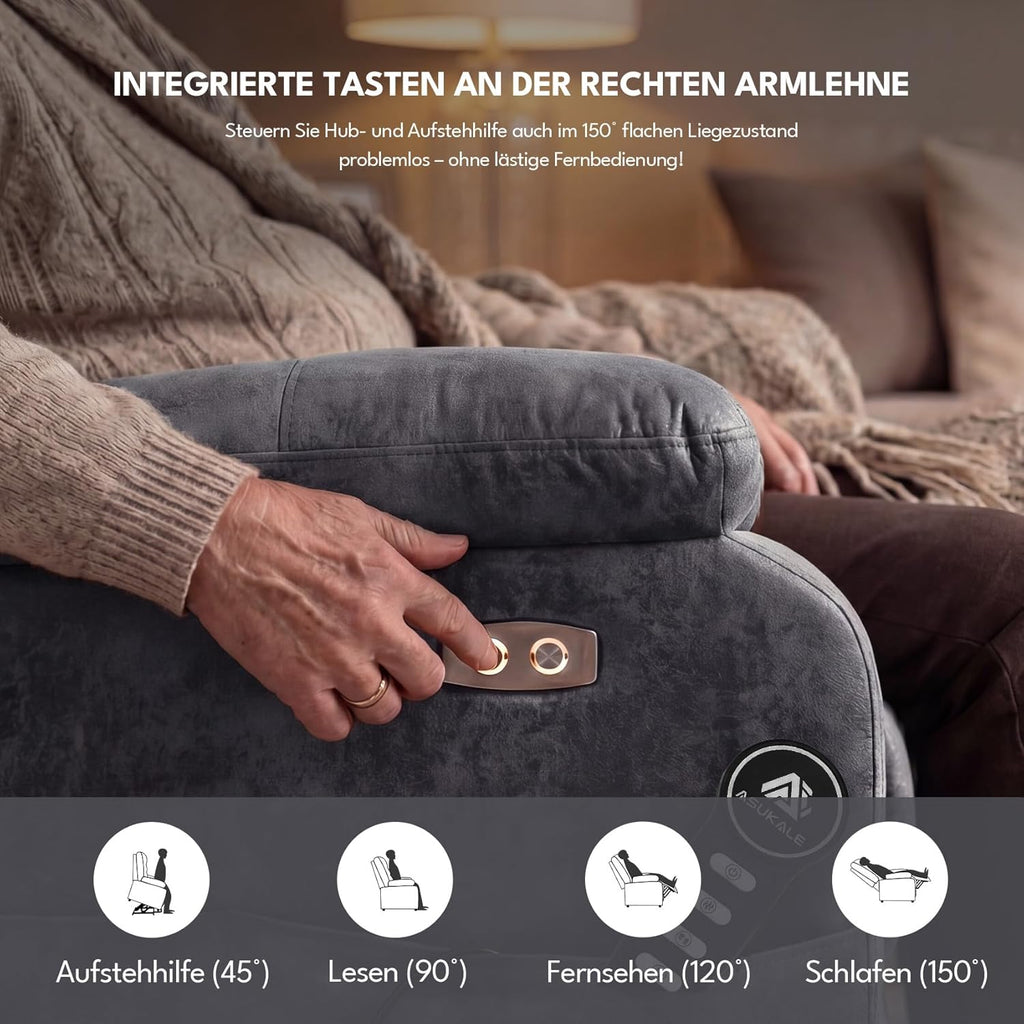 Sillón relax eléctrico con función de levantamiento, sillón de masaje con función de calor, función reclinable, control remoto ajustable, función de descanso y reposapiés, hasta 220 kg, cuero flocado gris oscuro