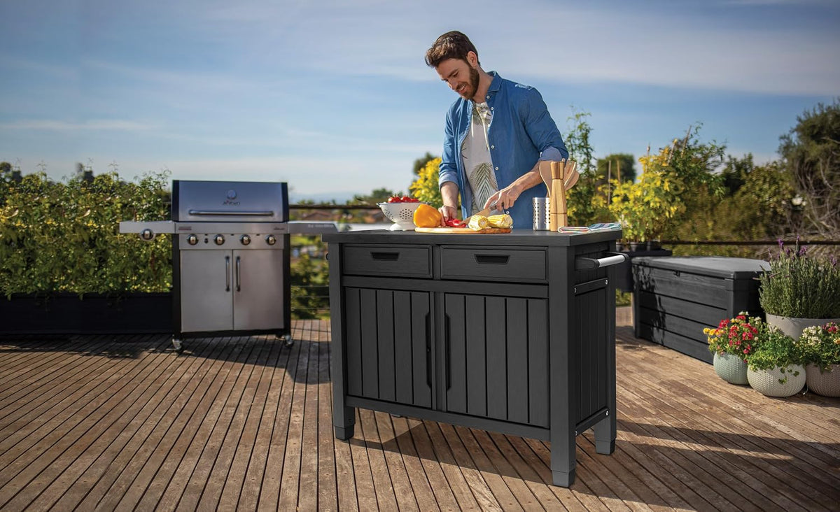 Mesa auxiliar para parrilla de exterior 22634 con 2 cajones, aspecto de madera, resina sintética, espacio de almacenamiento, 124 cm, para jardín y zona de barbacoa