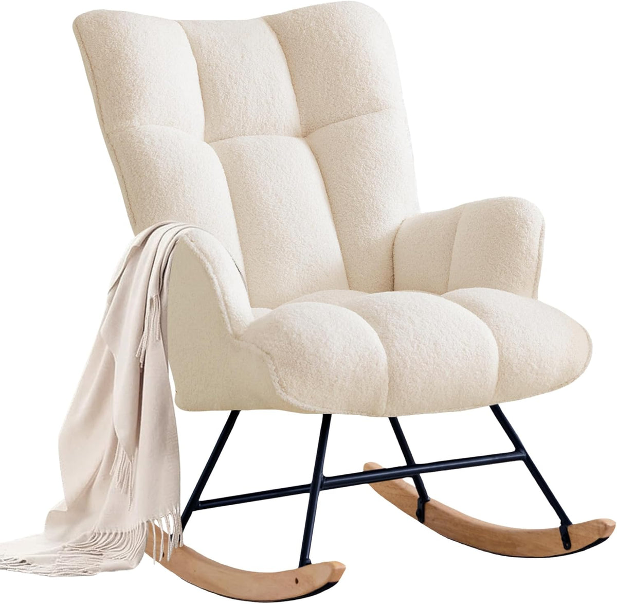 Sillón mecedora de lactancia con reposabrazos, silla de lactancia acolchada, sillón relax para salón y habitación infantil, capacidad de carga hasta 136 kg, color marfil