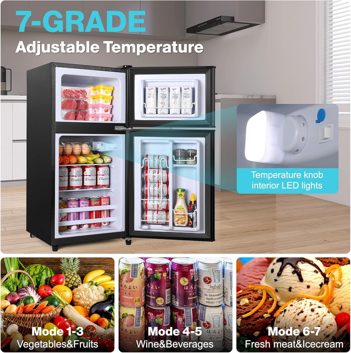 YASHE 86L Mini-refrigerador con congelador, nevera de doble puerta con congelador superior, frigorífico combinado, refrigerador con congelador para habitación, oficina, cocina y dormitorio, negro
