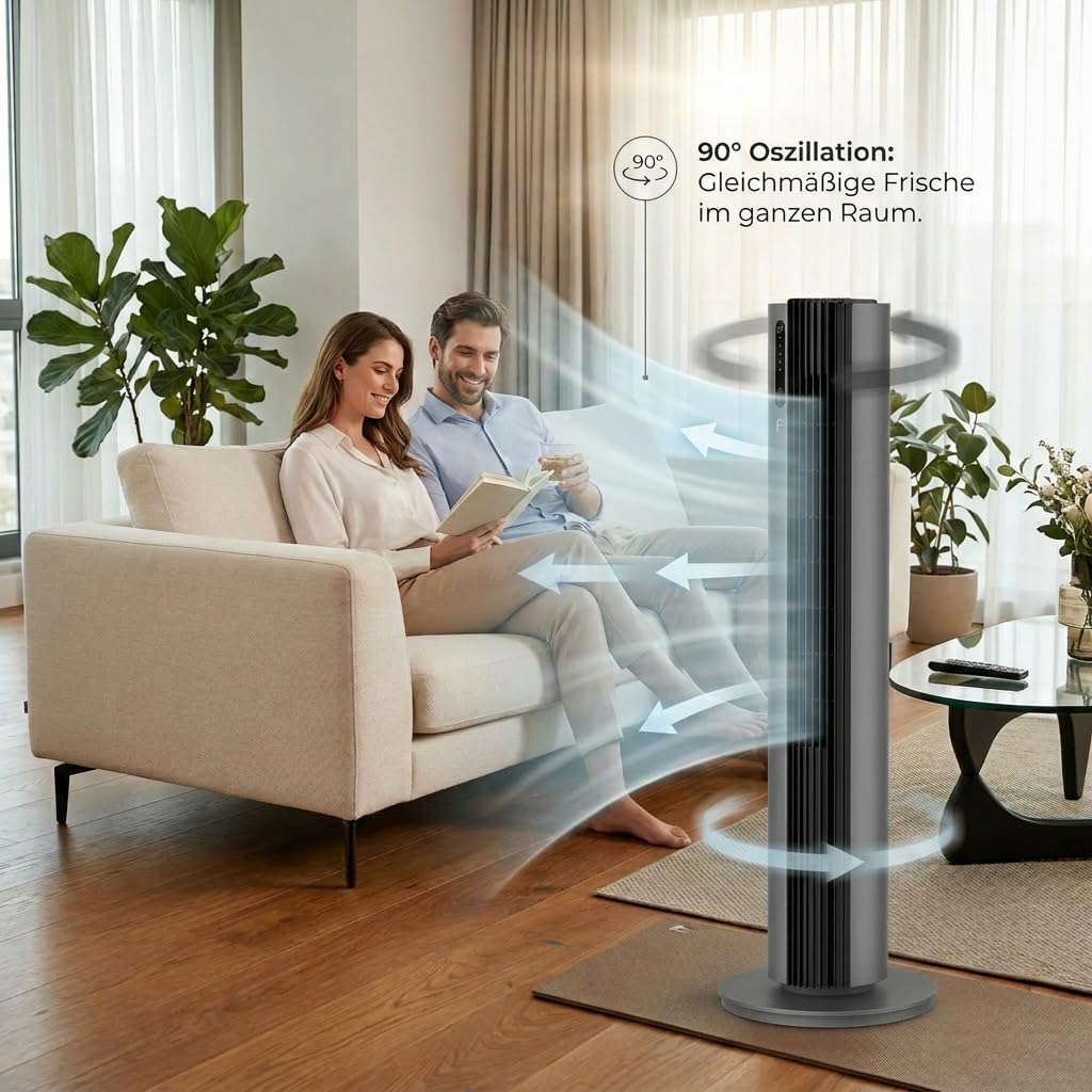 Ventilador de torre Fakir Premium TV° 640 - Ventilador silencioso de 32dB(A), motor CC, 12 niveles, temporizador de 12h, pantalla LED, mando a distancia y oscilación de 90°, purificación de aire, 450m³/h, 110cm de altura, color: antracita
