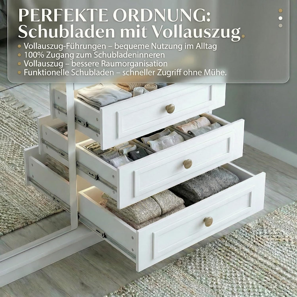 Armario de 4 puertas A und J MöbelLand Oslo con 3 cajones - 200 x 215 cm - Armario de puertas batientes con barra para colgar ropa y estantes, diseño moderno con tiradores de metal