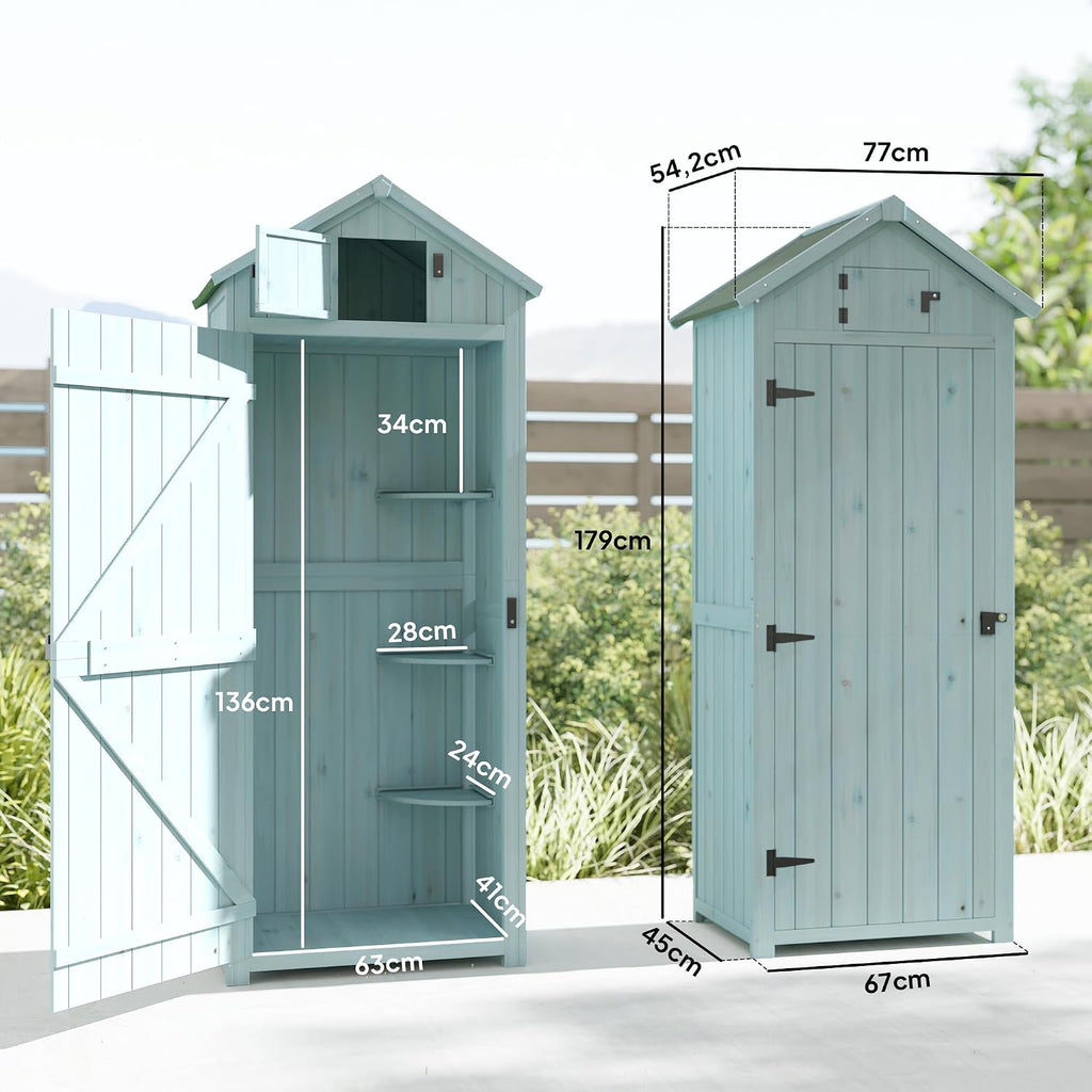 Armario de jardín Outsunny de madera, cobertizo resistente a la intemperie 77x54,2x179cm, caseta con puerta, techo a dos aguas, armario con estantes, armario para herramientas, cobertizo para jardín, terraza, azul claro+verde