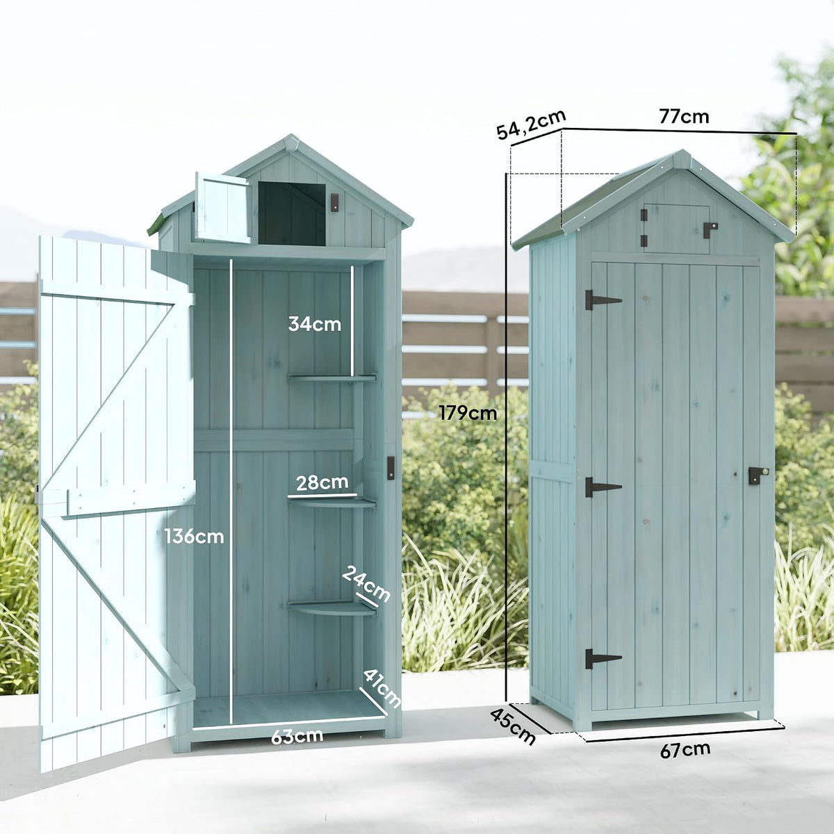 Armario de jardín Outsunny de madera, cobertizo resistente a la intemperie 77x54,2x179cm, caseta con puerta, techo a dos aguas, armario con estantes, armario para herramientas, cobertizo para jardín, terraza, azul claro+verde