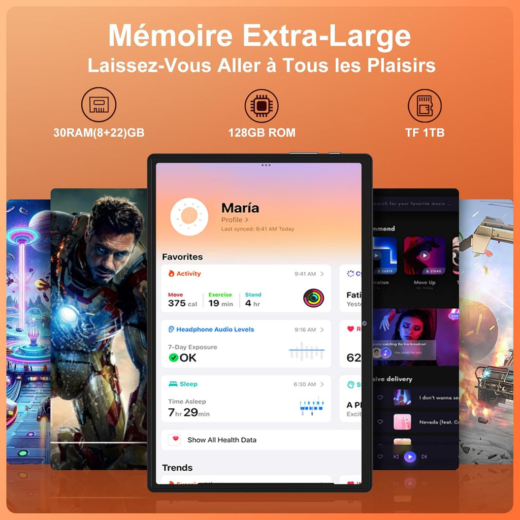 Tableta Android 15 de 2025, 10 pulgadas, pantalla IPS HD, [30 GB RAM] 128 GB + TF 1 TB - Octa-Core, 8000 mAh, cuerpo de metal integrado, 5 MP + 8 MP, WiFi 6, reconocimiento facial, Widevine L1 - Tableta con teclado y ratón - Negro