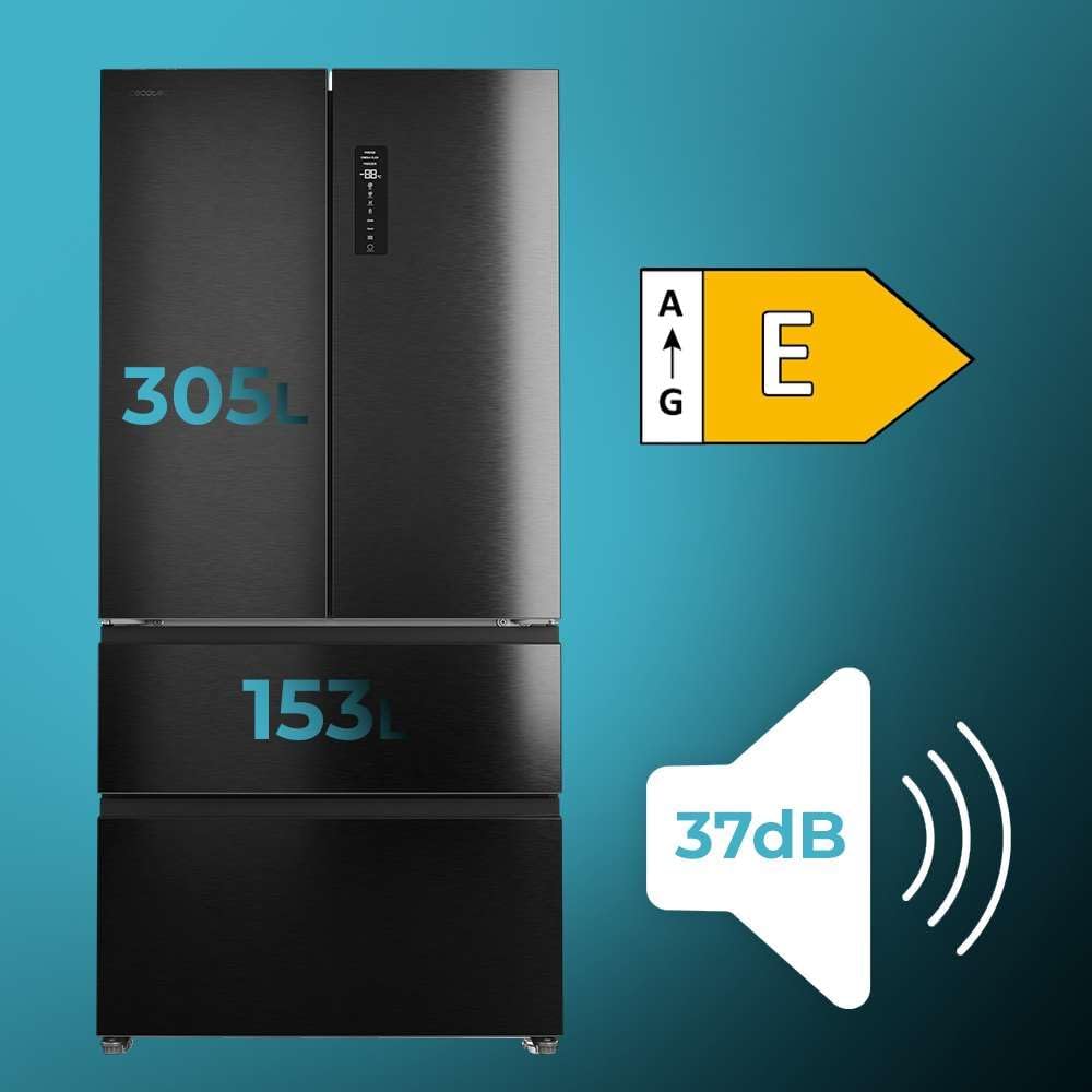Frigorífico de 4 puertas Cecotec tipo puerta francesa, semi-integrable, 458 L, Total No Frost, Bolero CoolMarket F2D 458 SBI Dark E, 189 cm de altura y 83 cm de ancho, MetalFlexCooling, compresor Inverter