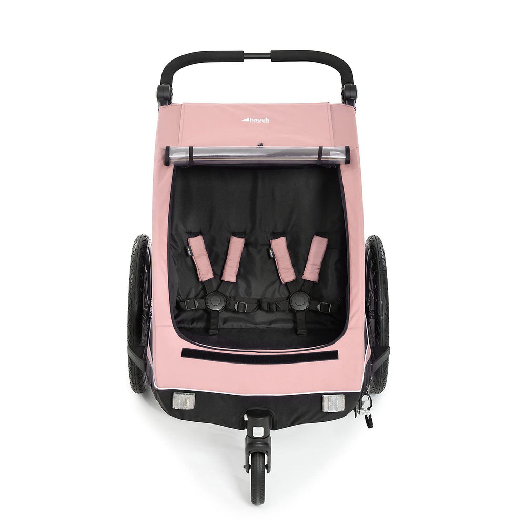 hauck Remolque de bicicleta y cochecito Dryk Duo Plus con suspensión, para 2 niños (6-48 meses), incluye barra de tiro, rueda de cochecito, bandera y luz LED, plegable, altura ajustable, maletero XL (verde oscuro)