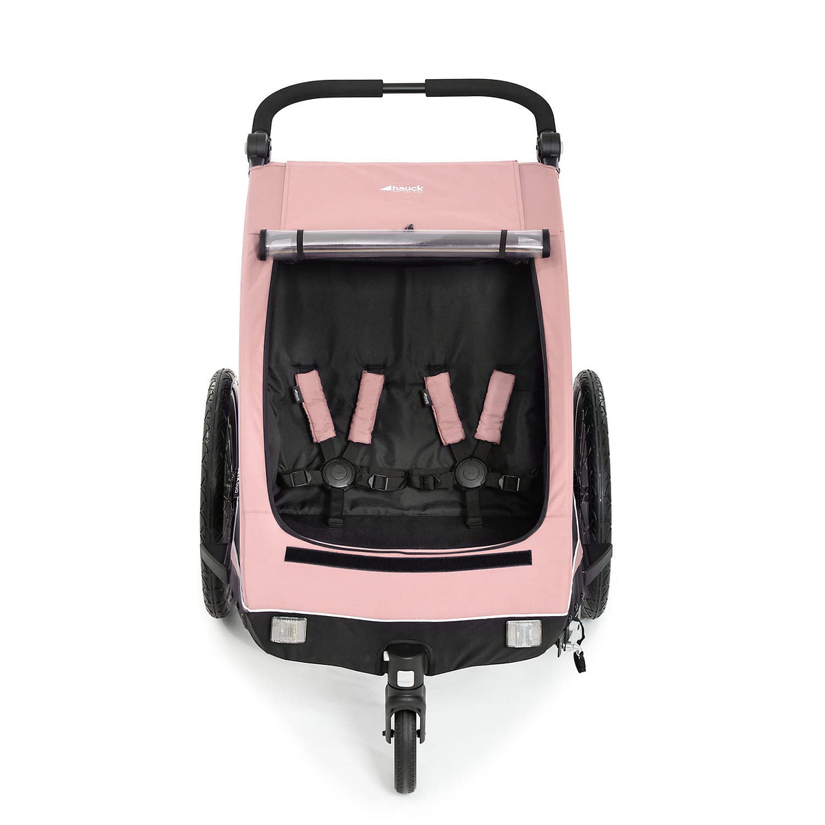 hauck Remolque de bicicleta y cochecito Dryk Duo Plus con suspensión, para 2 niños (6-48 meses), incluye barra de tiro, rueda de cochecito, bandera y luz LED, plegable, altura ajustable, maletero XL (verde oscuro)