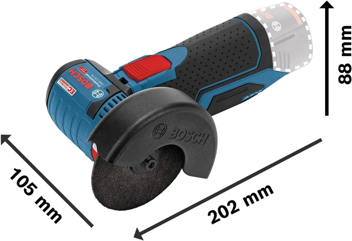 Bosch Professional system 12V: akumulatorowa szlifierka kątowa GWS 12V-76 (3 tarcze tnące, Ø tarczy: 76 mm, walizka L-BOXX)