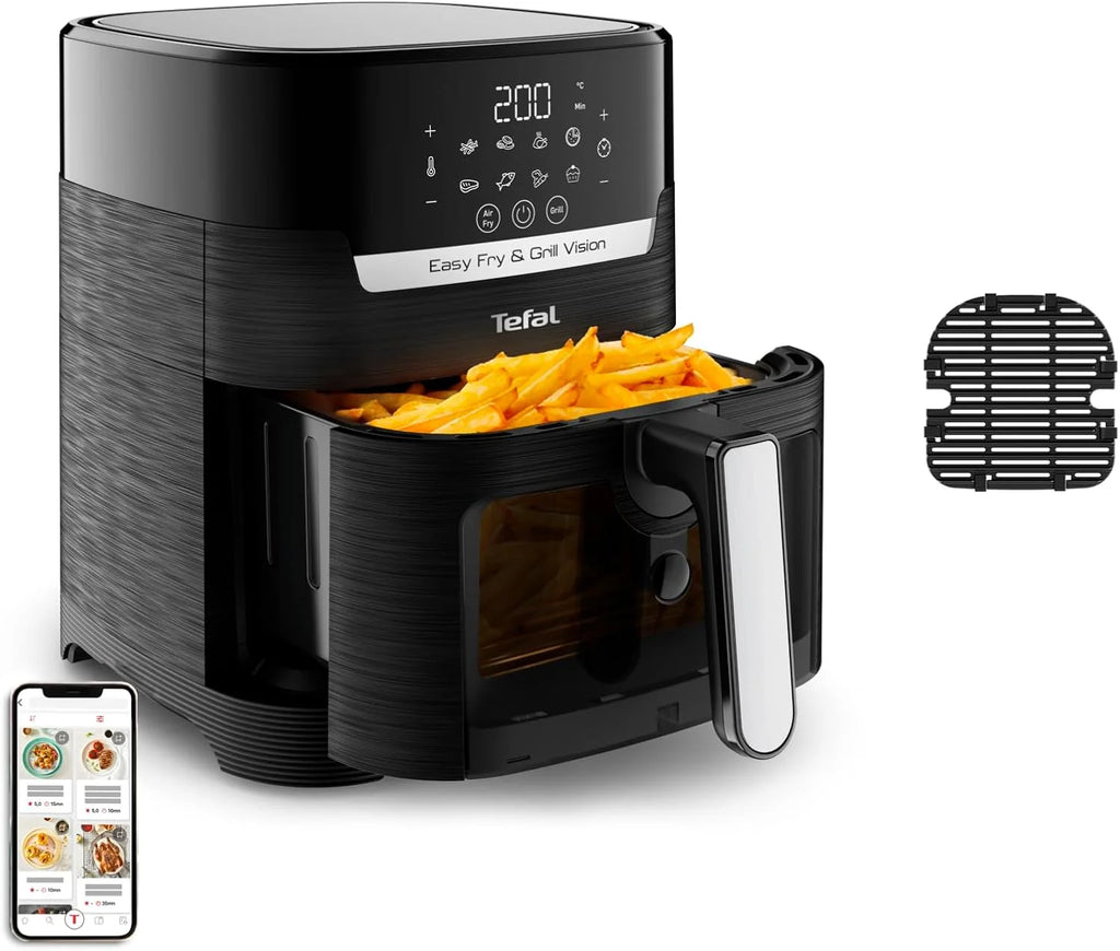 TEFAL EY5068 Easy Fry&Grill Vision Frytkownica beztłuszczowa na gorące powietrze, 4,2 l, grill, technologia Extra Crisp, energooszczędna, ekran dotykowy, 8 programów automatycznych, aplikacja, czarny