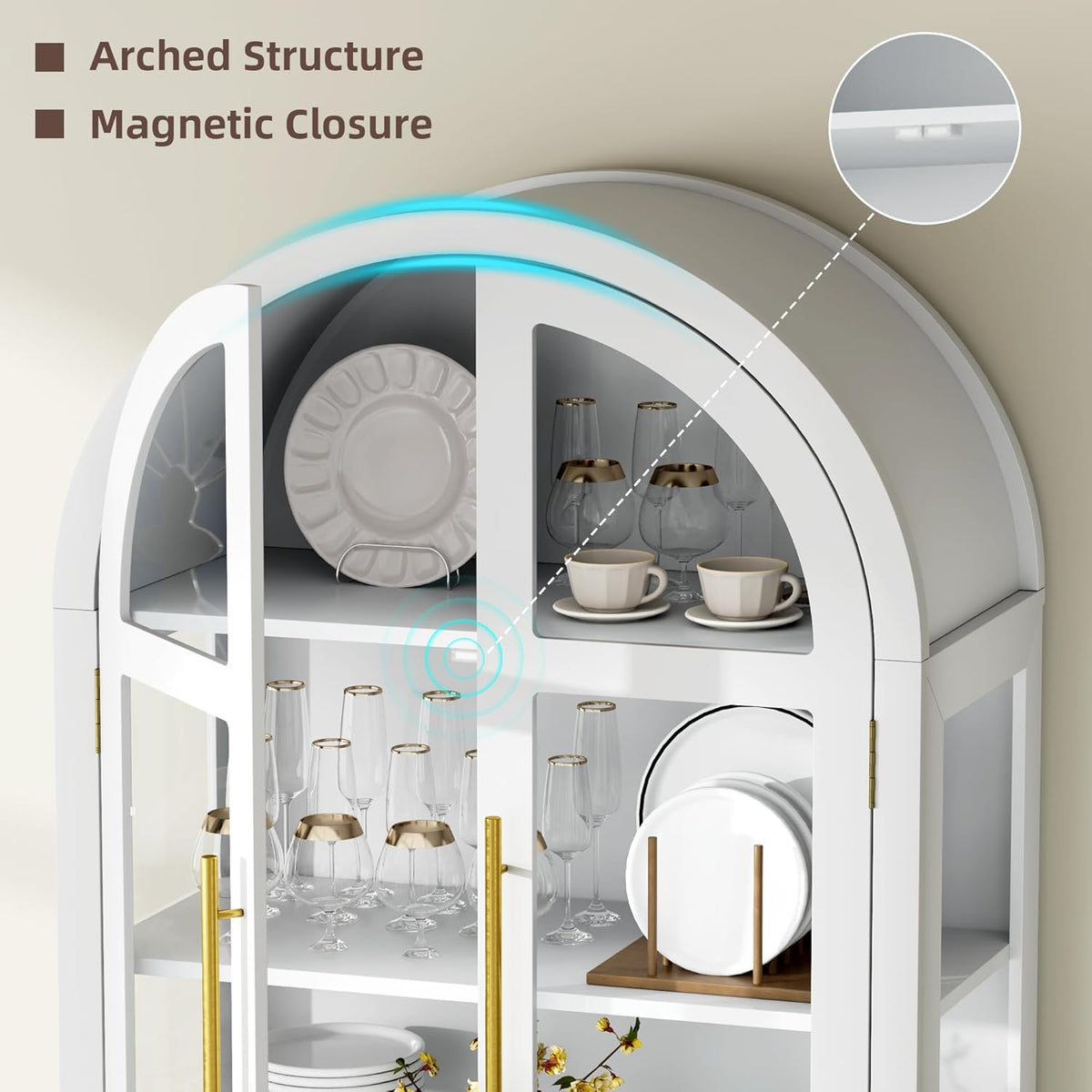 Vitrina de cristal arqueada LVSOMT con iluminación LED, mueble vitrina de 180 cm con puertas de cristal, vitrina curva con 4 estantes de exposición y 2 cajones, luz de 3 colores, vitrina de cristal y madera para salón y pasillo, blanco