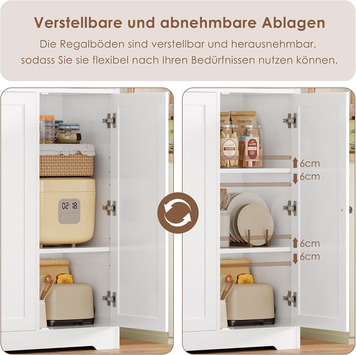 Armario de cocina FirFurd, armario multiusos de 180 cm, armario despensero, aparador con 6 puertas y estantes ajustables, armario multiusos para cocina, salón y recibidor, 180x106x37 cm, blanco