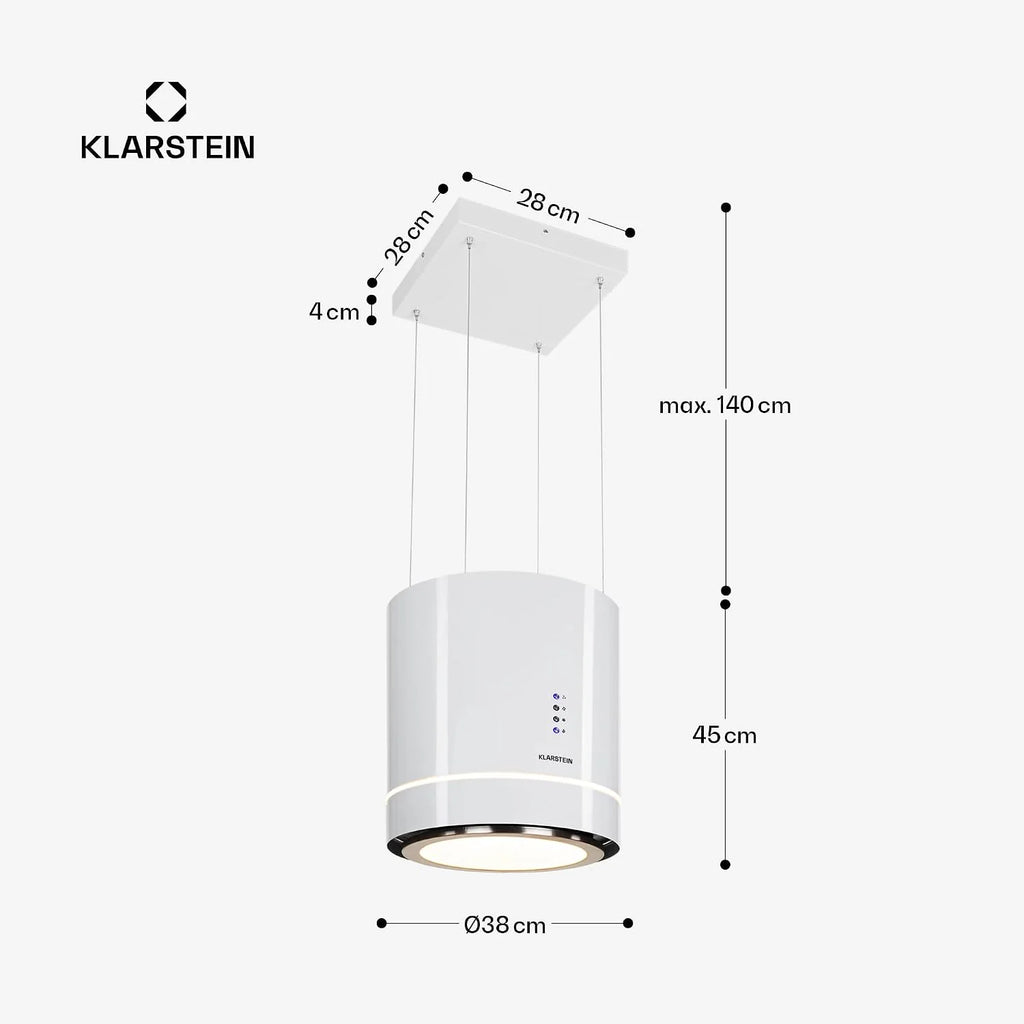Klarstein Okap kuchenny, Okap wyspowy wiszący, wyciągowy/z recyrkulacją do montażu sufitowego, Nowoczesny z 3 biegami, Przepływ 521m³/h, Filtr węglowy, wyspowy sufitowy