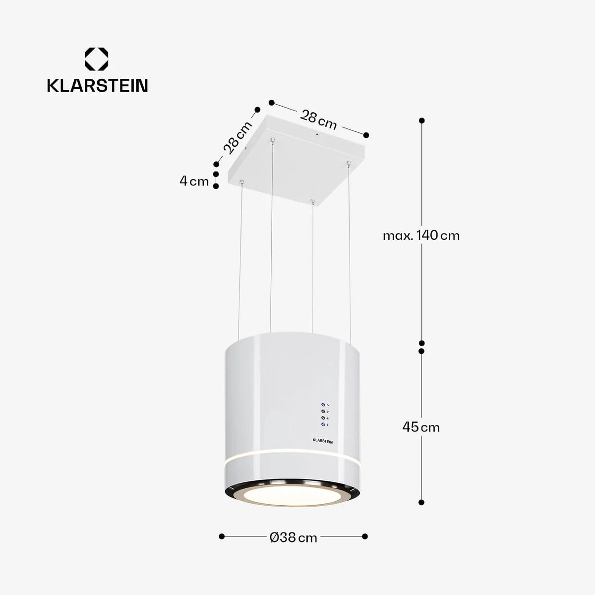 Klarstein Okap kuchenny, Okap wyspowy wiszący, wyciągowy/z recyrkulacją do montażu sufitowego, Nowoczesny z 3 biegami, Przepływ 521m³/h, Filtr węglowy, wyspowy sufitowy