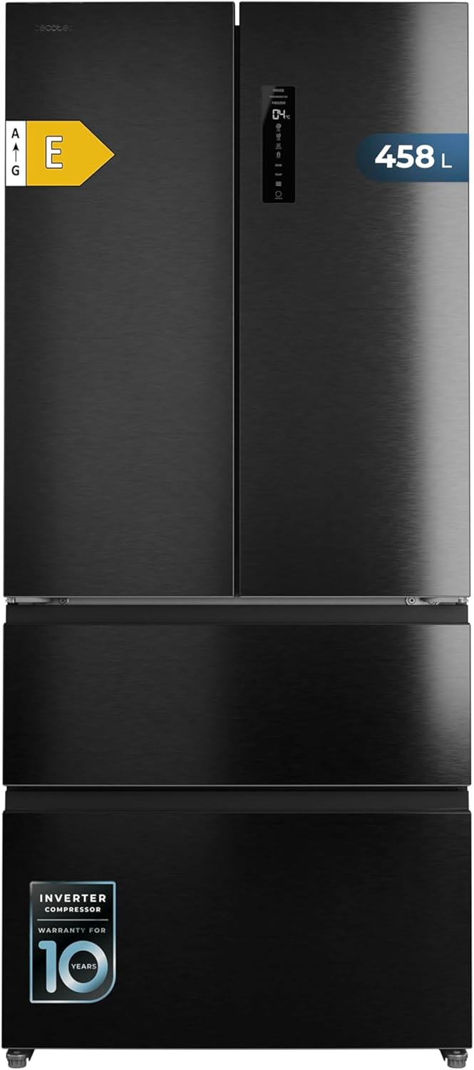 Frigorífico de 4 puertas Cecotec tipo puerta francesa, semi-integrable, 458 L, Total No Frost, Bolero CoolMarket F2D 458 SBI Dark E, 189 cm de altura y 83 cm de ancho, MetalFlexCooling, compresor Inverter