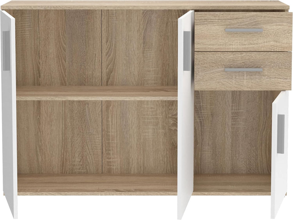 Cómoda Forte IKOLI 120, cómoda moderna, 3 puertas, 2 cajones, salón/dormitorio, pasillo, madera derivada, blanco con decoración de roble Sonoma, 119,6 cm de ancho x 81,7 cm de alto x 31,4 cm de fondo