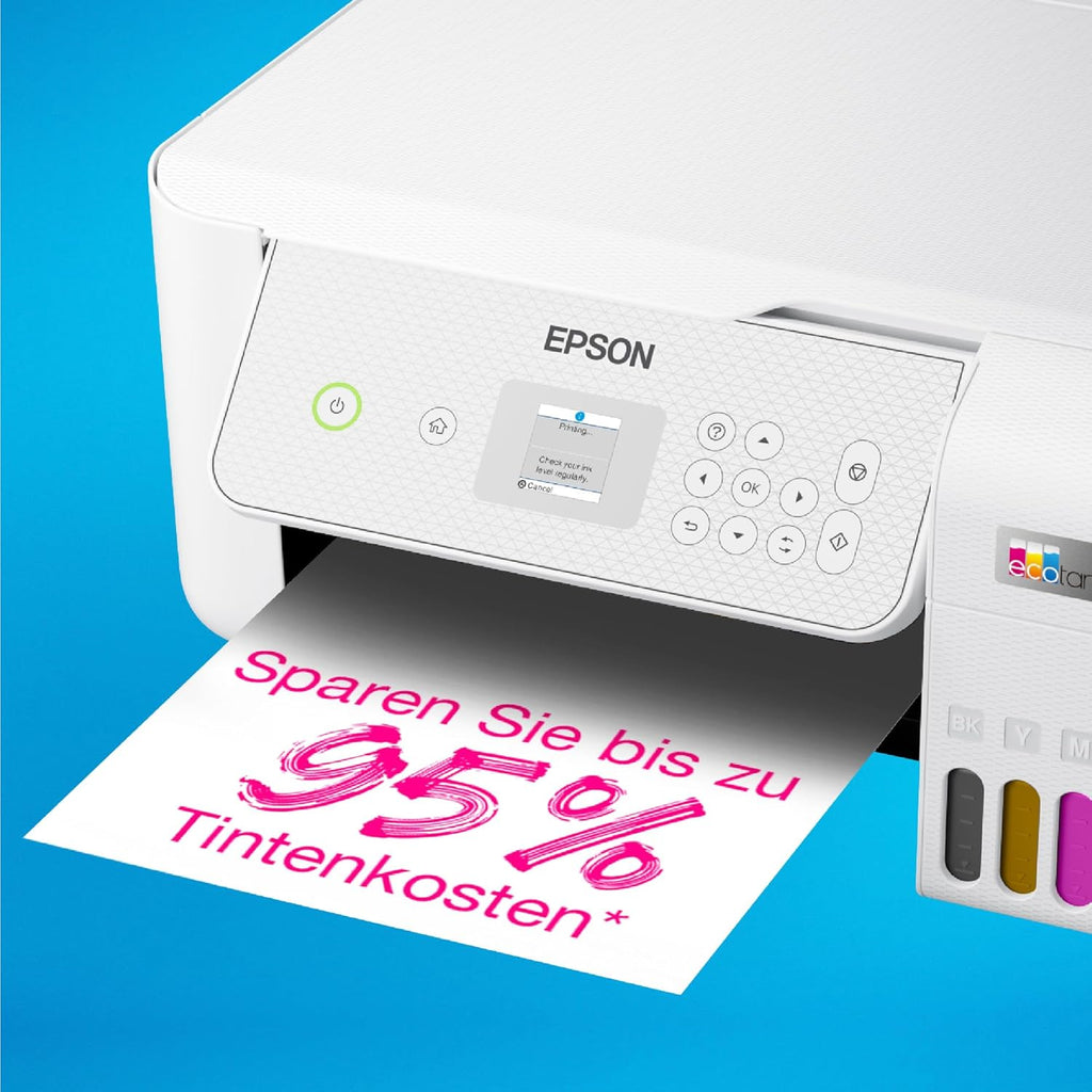 Impresora de depósitos de tinta EcoTank ET-2876 para hogares ajetreados, Wi-Fi, impresión, copia y escaneado en A4, pantalla LCD de 3,7 cm, incluye tinta para hasta 3 años