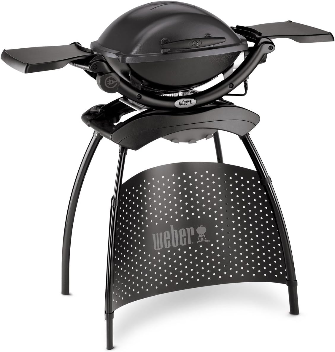 Barbacoa eléctrica Weber Q1400 con soporte, superficie de cocción de 43 x 32 cm, barbacoa portátil, parrilla de cocción de hierro fundido vitrificado dividida en 2, tapa y cuerpo de aluminio colado - Gris oscuro (52020879)