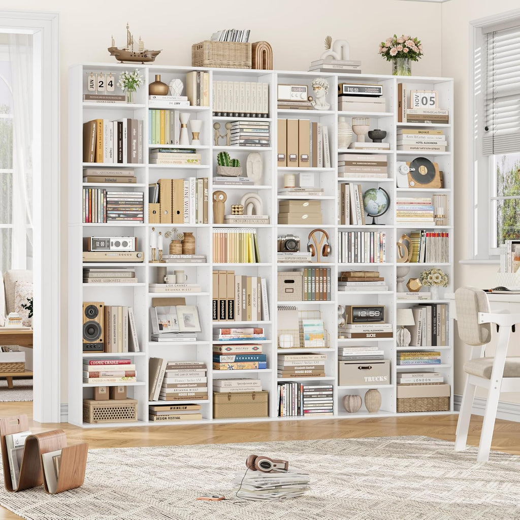 Estantería para libros FirFurd de 190 cm, estante para CD con 27 compartimentos, soporte para CD ajustable en altura, estantería de pie, separador de ambientes para sala de estar, estudio, blanco