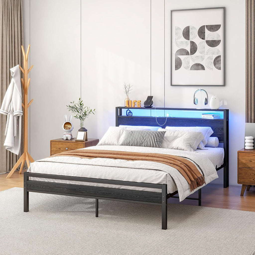 HOJINLINERO 140 x 200 cm, z przechowywaniem, stelażem, ładowaniem USB i LED, nowoczesne