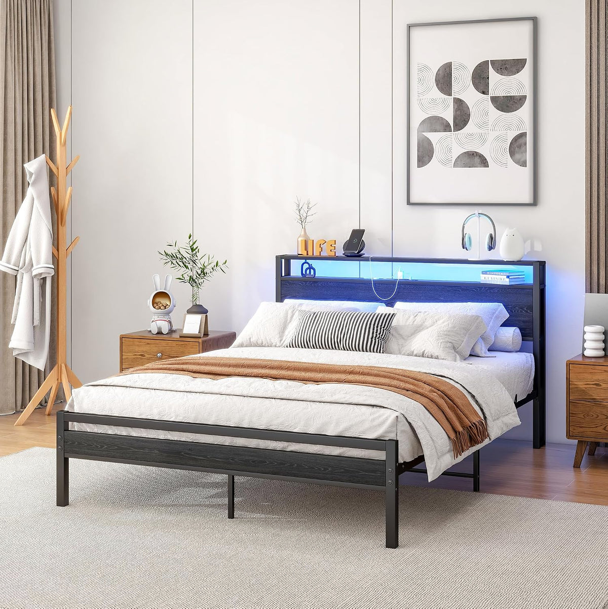 HOJINLINERO 140 x 200 cm, z przechowywaniem, stelażem, ładowaniem USB i LED, nowoczesne