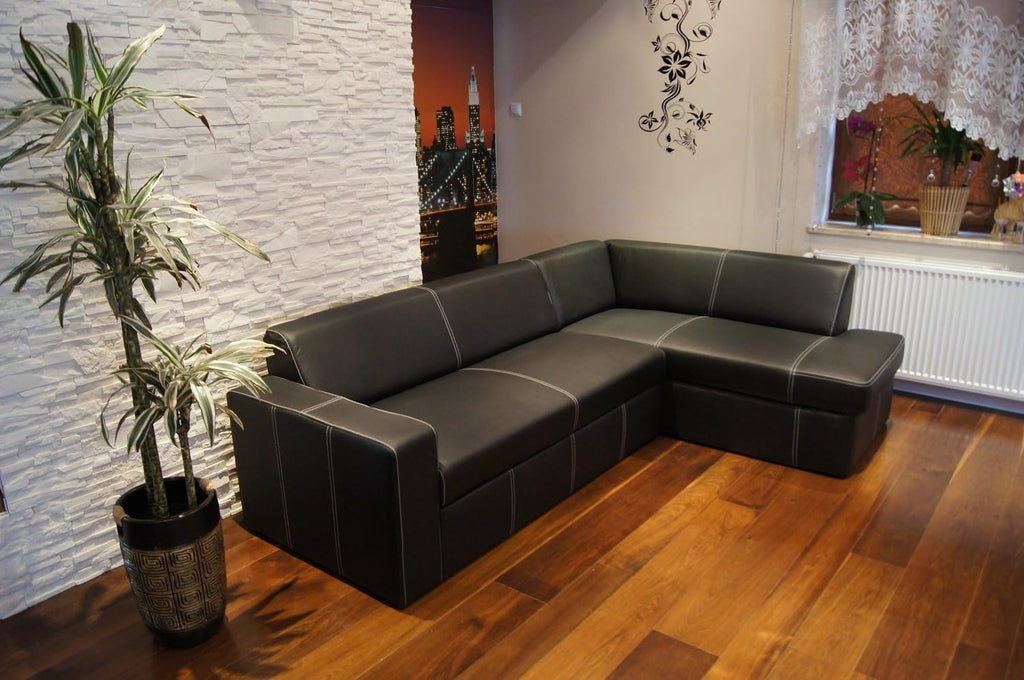Sofá esquinero de piel auténtica Antalya I 245 x 164 cm negro, cuero con costuras decorativas, sofá con función cama y arcón, sofá esquinero de piel auténtica