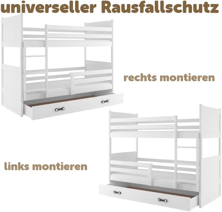Interbeds Litera 200x90 cm Cama alta con cajón Cama litera Cama de madera de pino Cama infantil Cama juvenil con somier y protección anticaídas (blanco, 200x90)