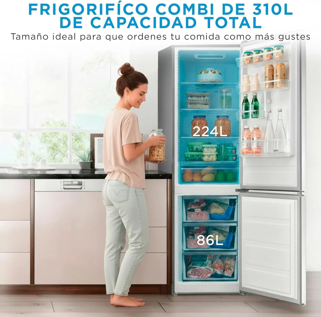 Frigorífico Combi No Frost Midea | 60 cm de ancho x 188 cm de alto | Inox | Nevera de libre instalación, 224 L + 86 L de congelador - Refrigerador de bajo consumo con congelador vertical