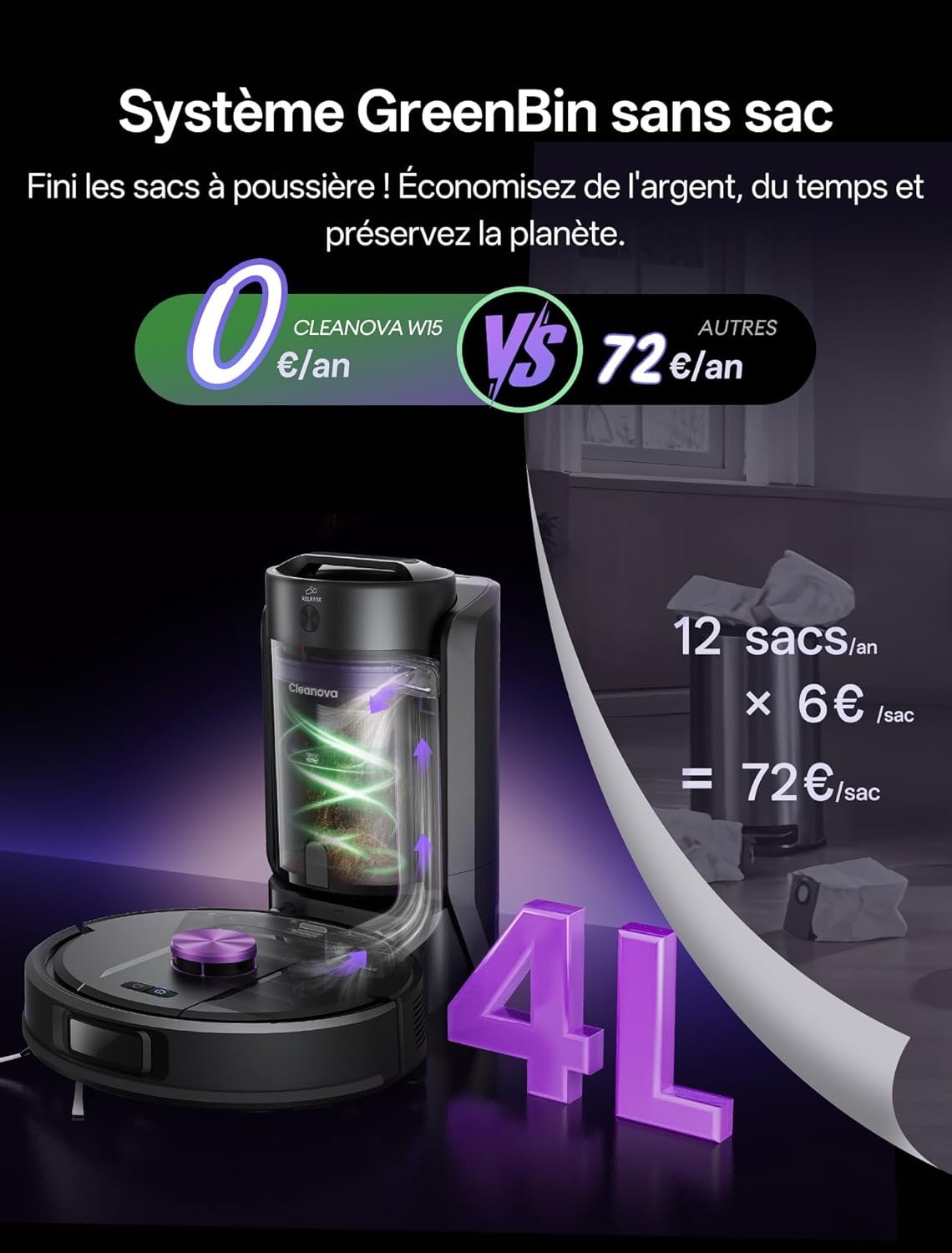 Robot aspirador y fregasuelos Vexilar W15 de 10.000 Pa con estación de autovaciado sin bolsa, navegación LiDAR y mapeo, 180 min, conectado por mando/APP/Alexa, ideal para alfombras y pelo de mascotas