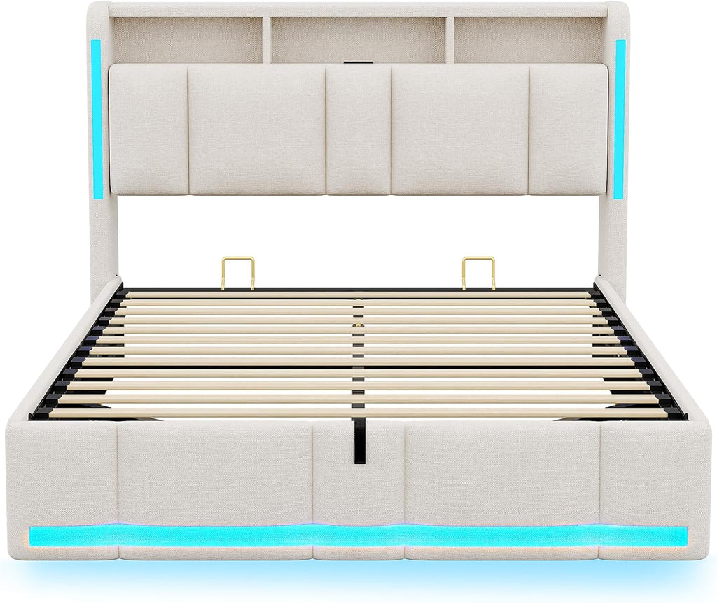 Cama tapizada AOGLLATI 140×200 con tomas de corriente e iluminación LED, cama doble con cabecero con almacenamiento y espacio de almacenamiento hidráulico, estructura de cama con somier, cama juvenil 140×200, lino, sin colchón, beige