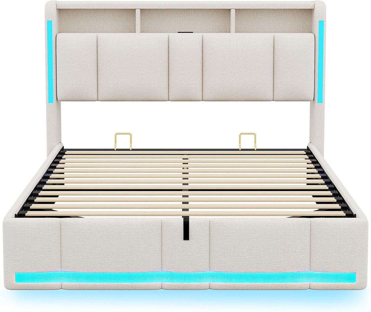 Cama tapizada AOGLLATI 140×200 con tomas de corriente e iluminación LED, cama doble con cabecero con almacenamiento y espacio de almacenamiento hidráulico, estructura de cama con somier, cama juvenil 140×200, lino, sin colchón, beige