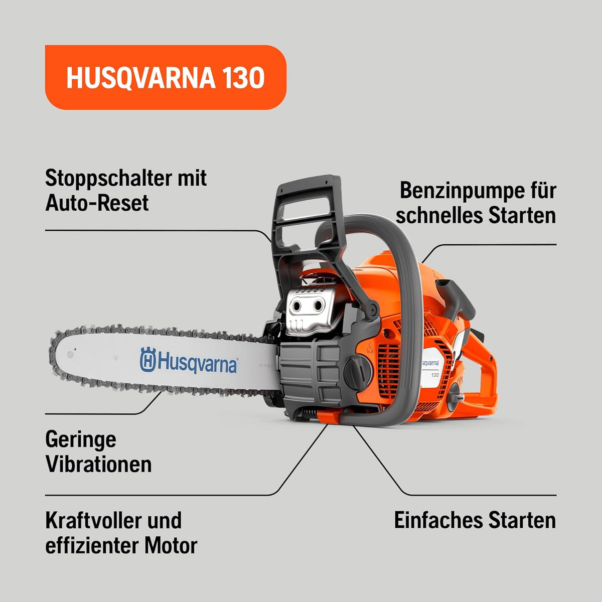 Motosierra de gasolina Husqvarna 130 - Motor X-Torq® de 38 cc, espada y cadena de 35 cm, LowVib®, ideal para el cuidado del jardín y leña