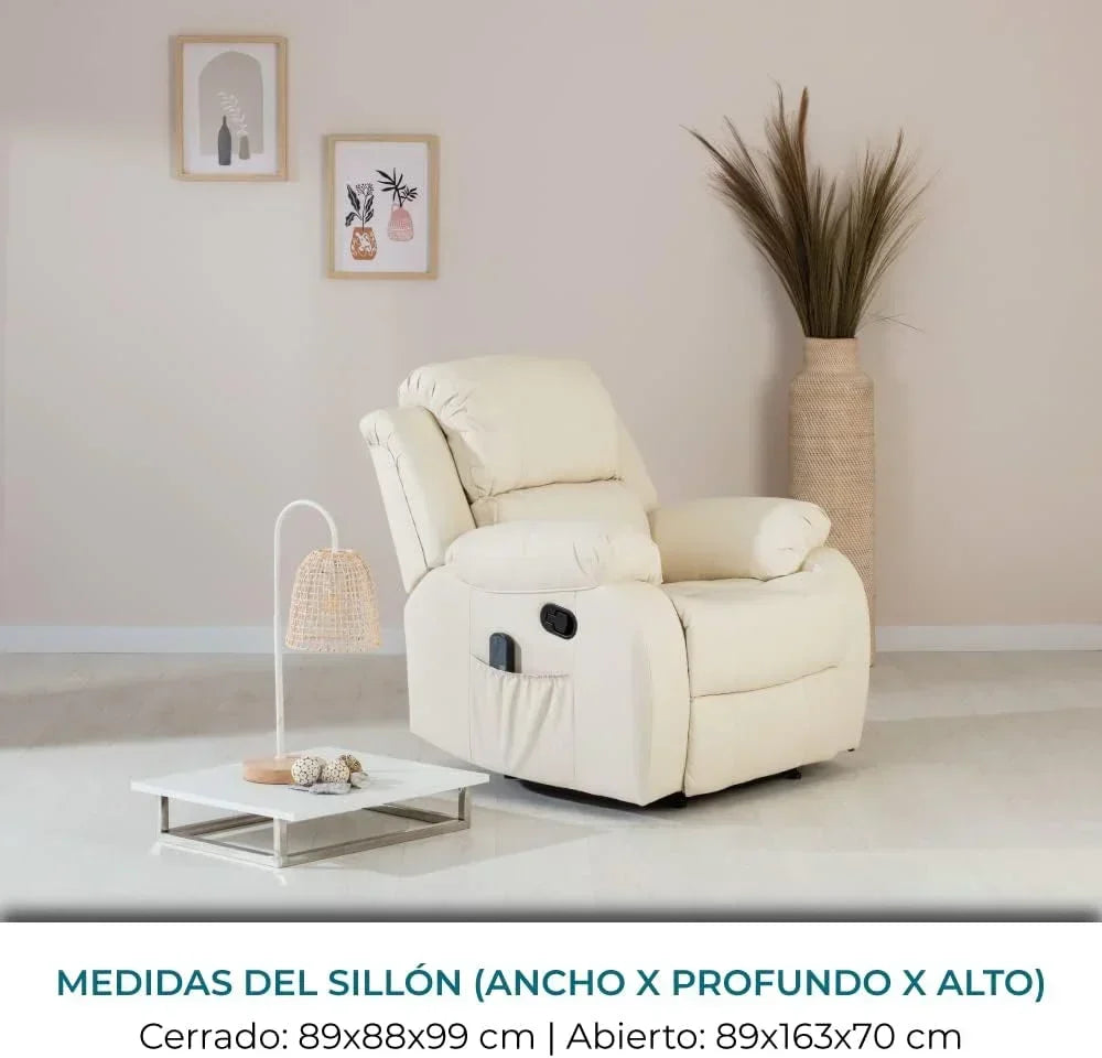 Don Descanso - Sillón Relax Masaje Calor Trevi Negro Reclinable 160º con 8 Motores Silenciosos, Calor Lumbar, Sistema de Masaje de 4 Zonas y Acabado en PU Anti-Cuarteo [Incluye Mando]. Ideal para Personas Mayores