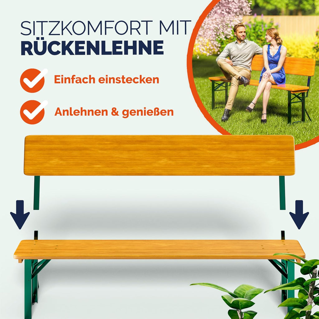 Casaria® Juego de mesa y bancos de cerveza con respaldo 170 cm, plegable y estable, 2 bancos, 1 mesa ancha, madera, mobiliario de jardín, mobiliario para eventos