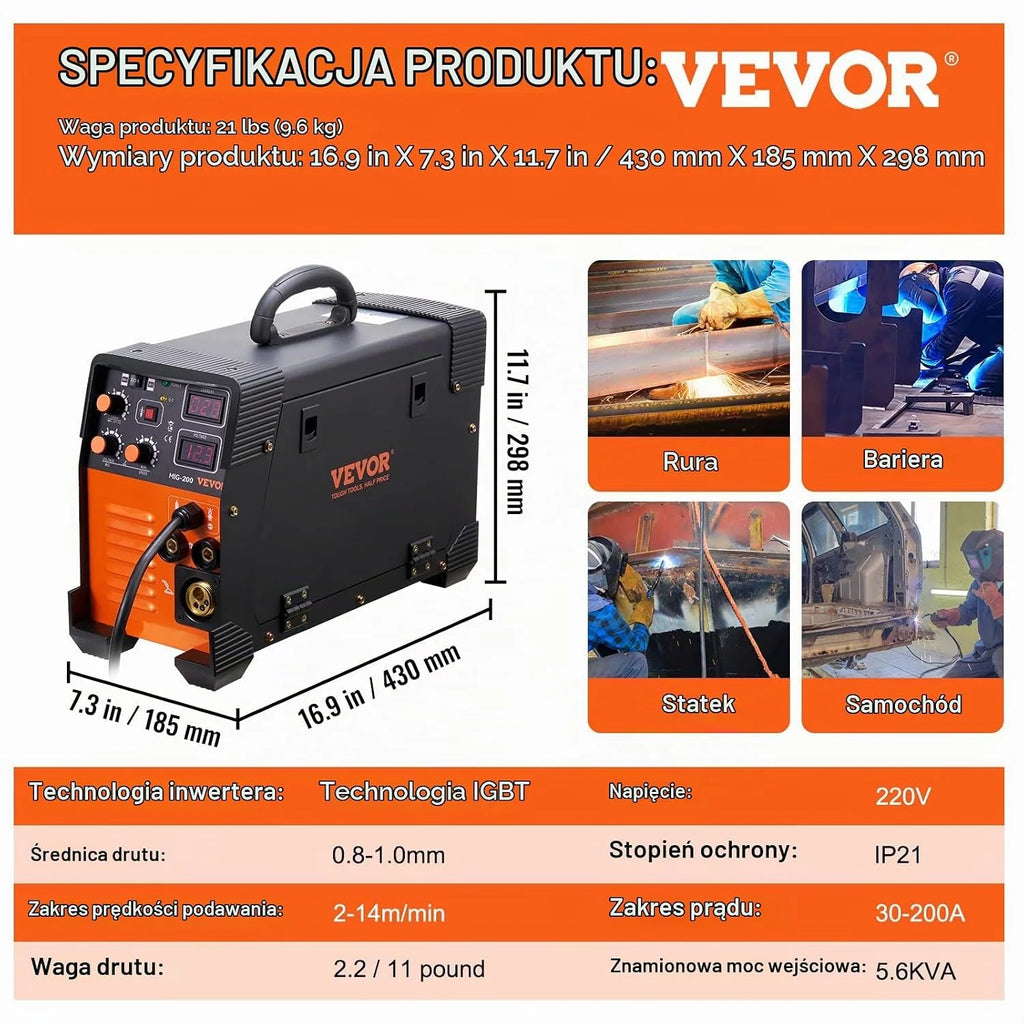 VEVOR Spawarka MIG/MMA/TIG 3 w 1 30-200 A, spawanie drutem wypełniającym (0,6 mm, 0,8 mm i 1 mm), technologia IGBT 2,2-12 m/min, prędkość drutu 200 A przy 60% znamionowym cyklu pracy, stopień ochrony