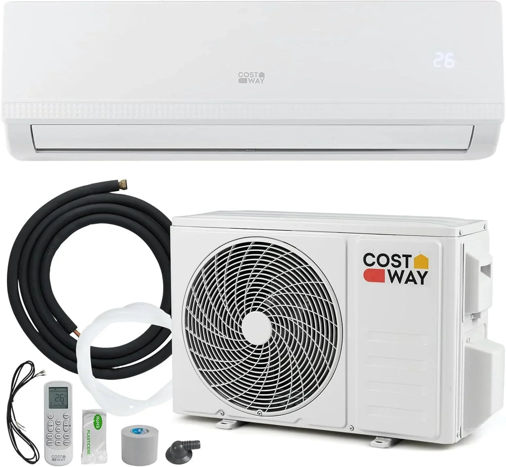 COSTWAY Aire Acondicionado Split, 2,6 kW, Aire Acondicionado con Calefacción con Bomba de Calor, Refrigerante: R32, Calefactor y Refrigerador con Kit de Instalación para Habitación de hasta 70m³ (9000BTU)