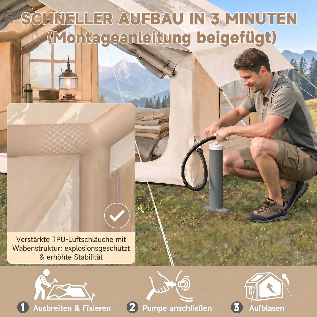 Tienda de campaña hinchable HAUSPROFI para 3-4 personas, 6,3 m² de estilo glamping con avance, apertura para chimenea, 200 cm de altura, 420D impermeable, bomba incluida