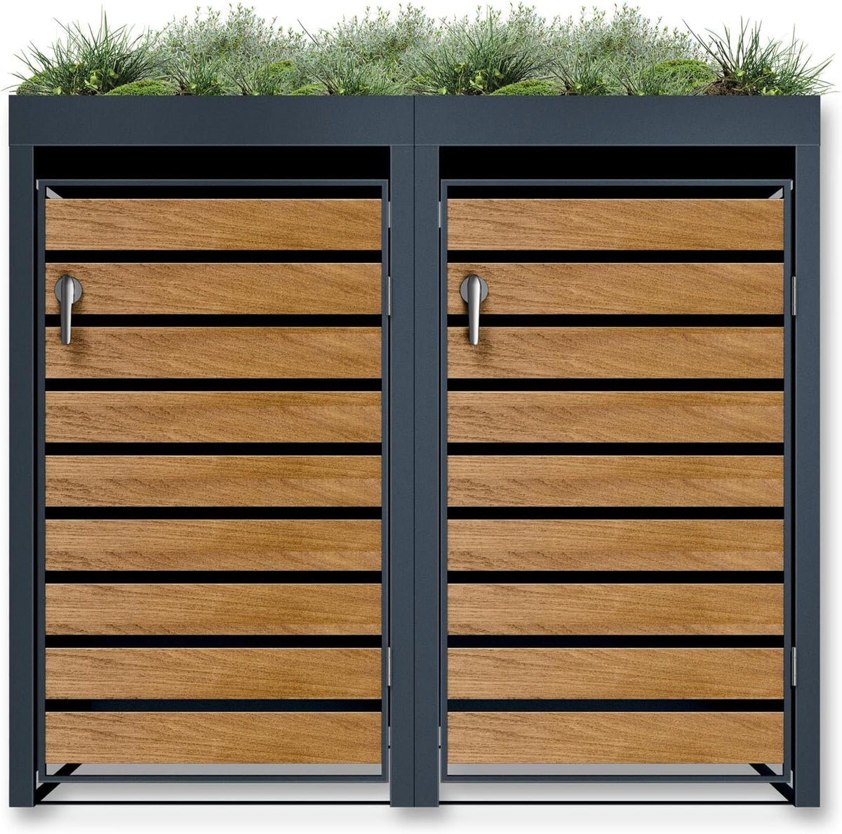 Caja para 2 cubos de basura Metzler de 240L en antracita y efecto madera con techo para plantas y franjas visuales, revestimiento para 2 cubos con tapa automática, caseta para basura de acero con recubrimiento en polvo inoxidable, con cerradura