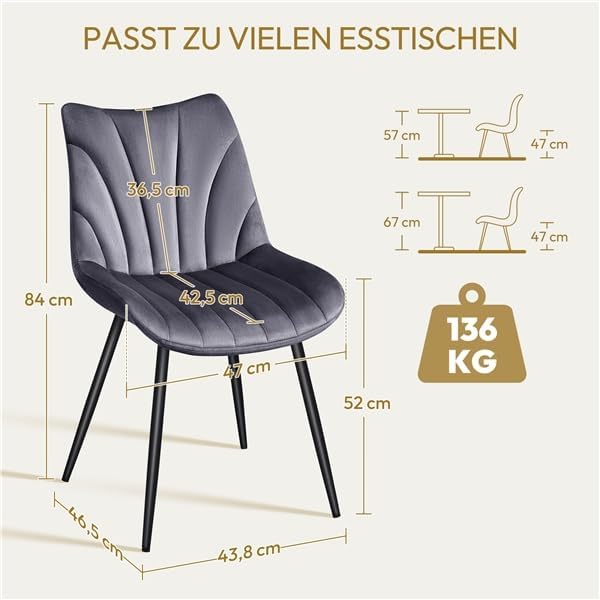 Juego de 6 sillas de comedor Yaheetech, sillas tapizadas con respaldo, para salón, cocina y comedor, asiento de terciopelo, con patas de metal, capacidad de carga de hasta 150 kg, gris oscuro
