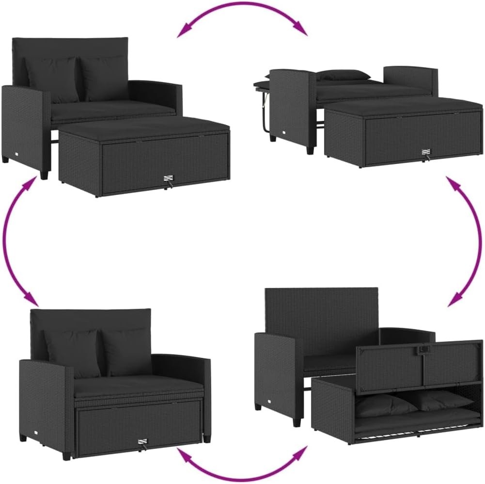 vidaXL Sofá de jardín con cojines, 2 plazas, sofá de exterior con taburete con almacenamiento, sofá con funda extraíble, muebles de jardín, conjunto de jardín, ratán sintético negro
