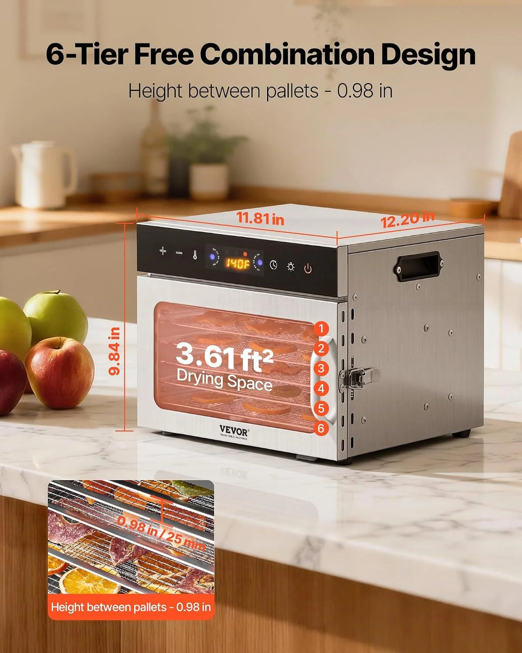 VEVOR Odwadniacz żywności 6 tacek ze stali nierdzewnej, elektryczna suszarka do żywności 400 W regulowana temperatura zegara, liofilizator do suszonego mięsa, owoców, warzyw, ziół