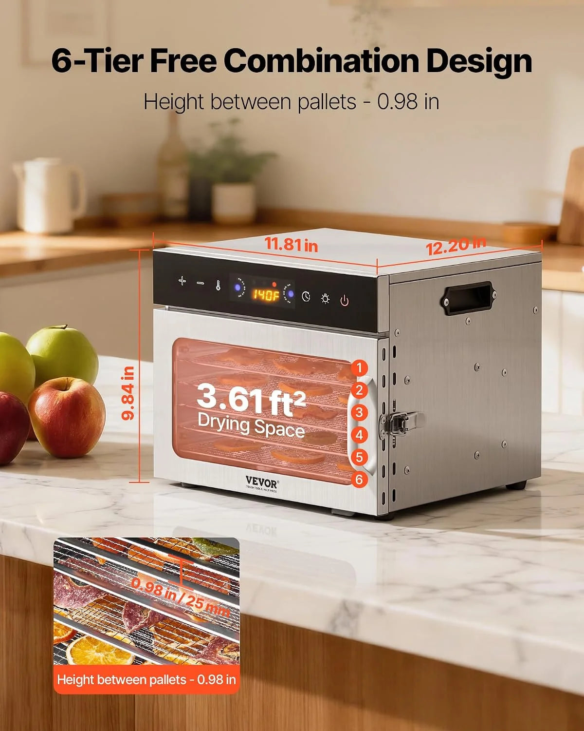 VEVOR Odwadniacz żywności 6 tacek ze stali nierdzewnej, elektryczna suszarka do żywności 400 W regulowana temperatura zegara, liofilizator do suszonego mięsa, owoców, warzyw, ziół