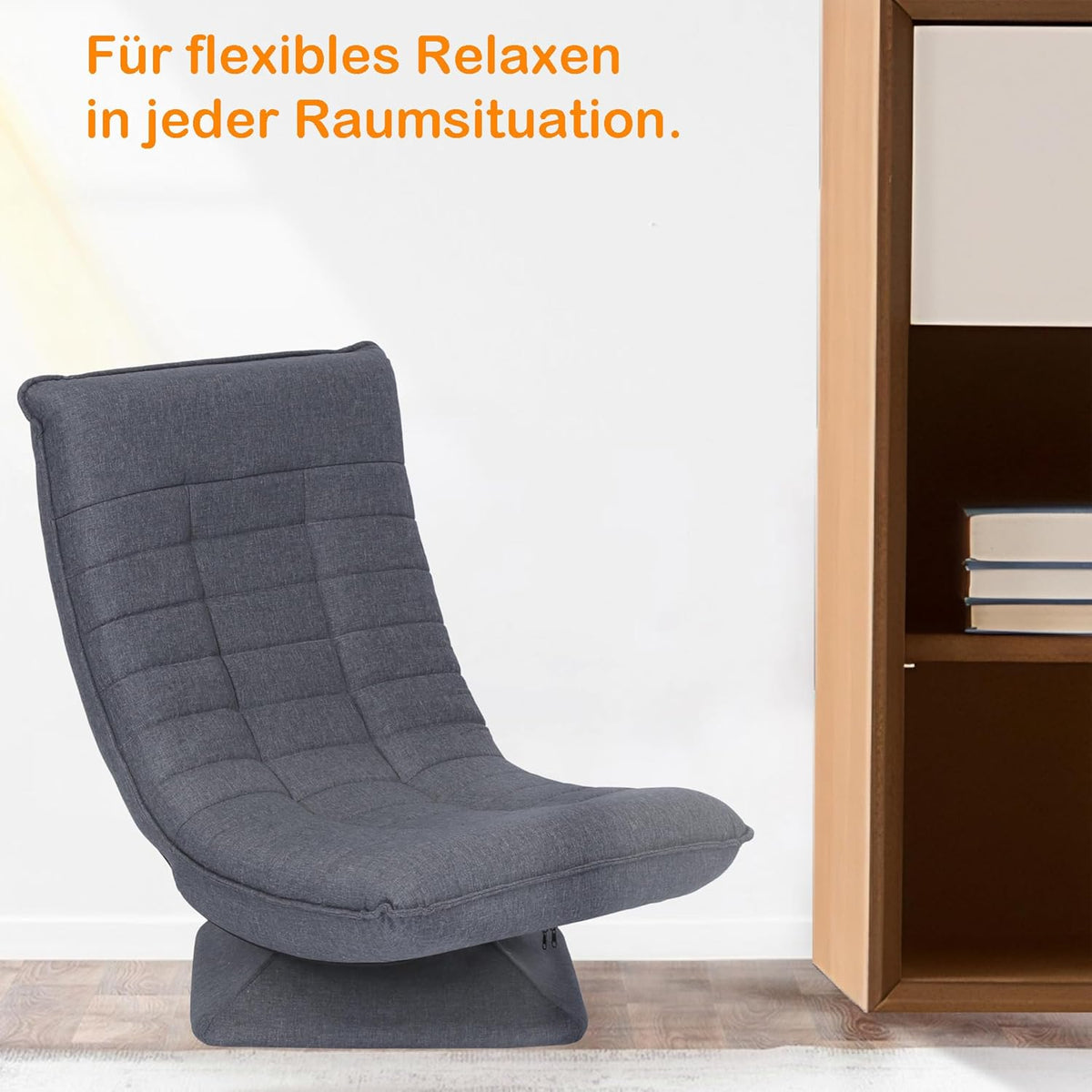 Sillón relax, cómodo sillón de suelo con respaldo ajustable en 4 posiciones, función giratoria de 360°, mecanismo de plegado, acolchado de 13 cm, capacidad de carga de 150 kg para salón o dormitorio (gris)